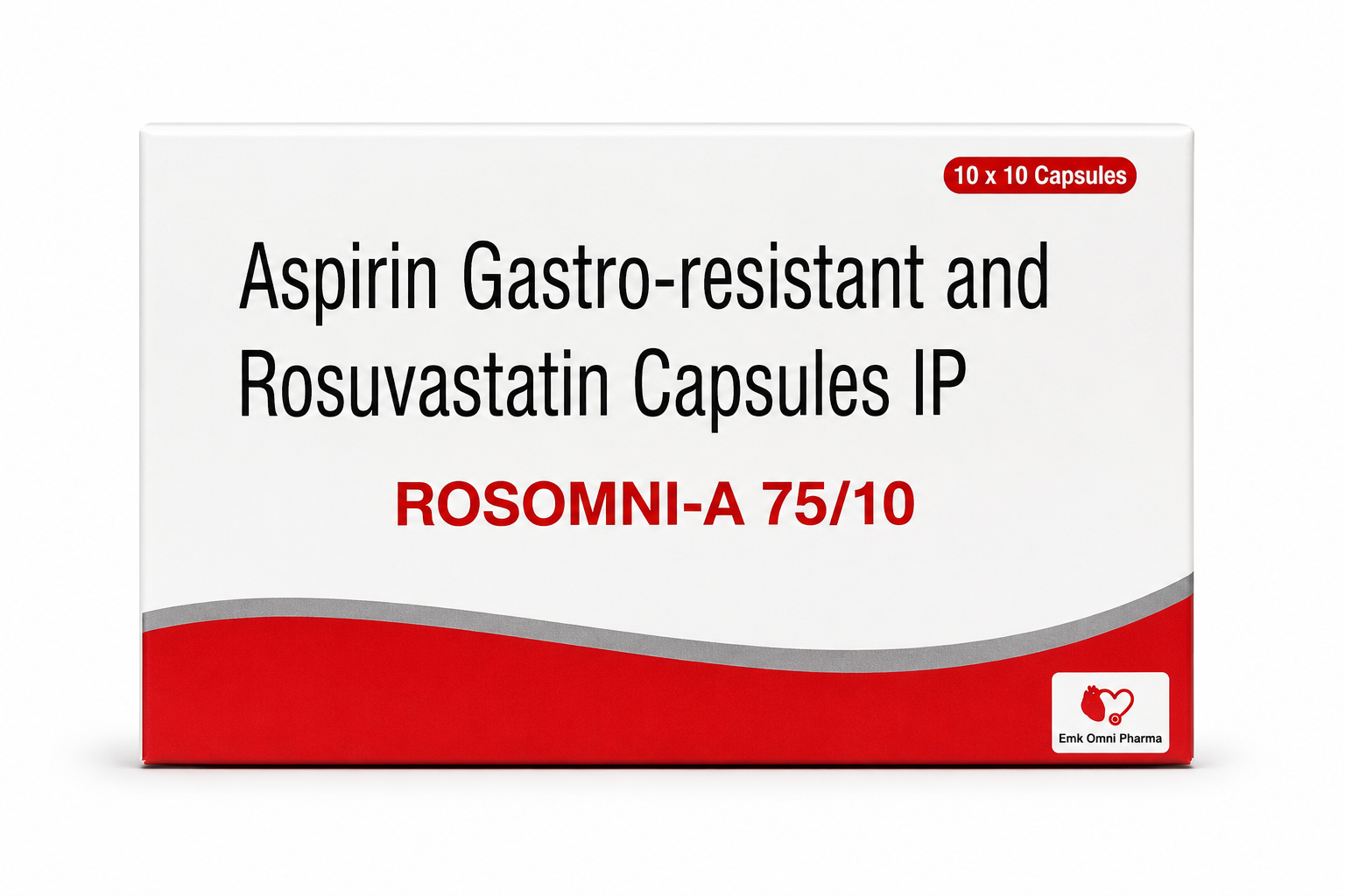 Rosomni-A 75/10 — Aspirin IP 75 mg in gastro-resistant form and Rosuvastatin Calcium IP equivalent to Rosuvastatin 10 mg, along with approved excipients | Uses, Composition, Dosage & Storage | EMK Omni Pharma