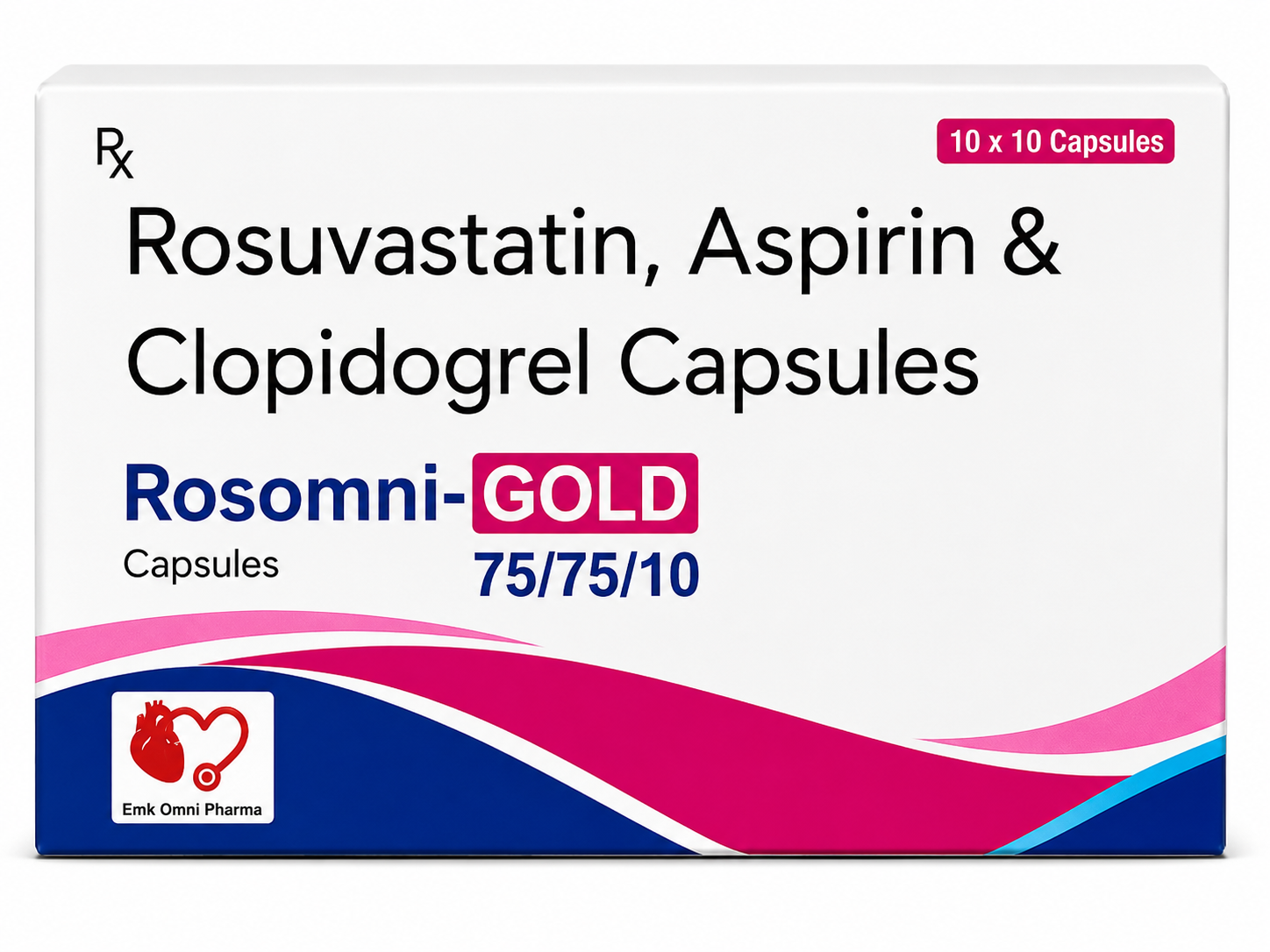 Rosomni-Gold — Rosuvastatin 10 mg, Aspirin 75 mg and Clopidogrel 75 mg, along with approved excipients | Uses, Composition, Dosage & Storage | EMK Omni Pharma