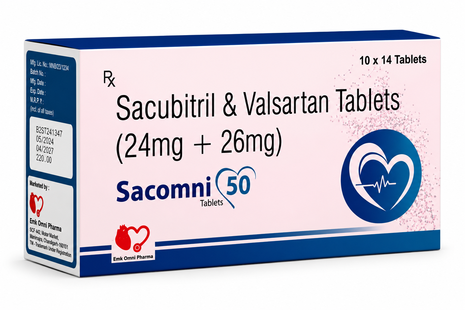 Sacomni 50 — 24 mg Sacubitril and 26 mg Valsartan as sodium salt complex, along with approved excipients | Uses, Composition, Dosage & Storage | EMK Omni Pharma