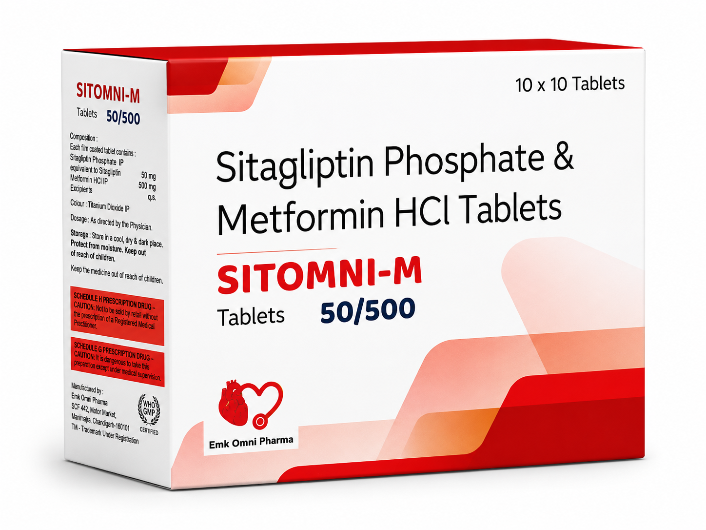 Sitomni-M 50/500 — Sitagliptin Phosphate IP equivalent to Sitagliptin 50 mg and Metformin Hydrochloride IP 500 mg, with excipients q | Uses, Composition, Dosage & Storage | EMK Omni Pharma